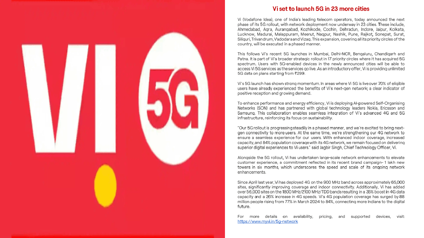  மீண்டும் விரிவாகும் 5G.. நாடு முழுவதும் 23 நகரங்களில் Vi சேவை விரிவாக்கம்!