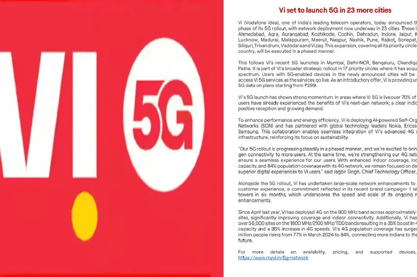  மீண்டும் விரிவாகும் 5G.. நாடு முழுவதும் 23 நகரங்களில் Vi சேவை விரிவாக்கம்!
