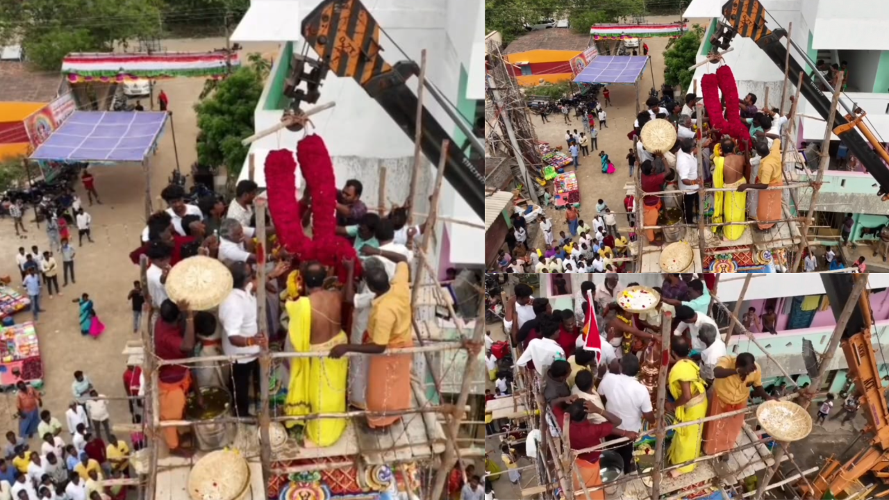  செல்வ விநாயகர் கோவிலில் களைக்கட்டிய மகா கும்பாபிஷேகம்: கிரேனில் பிரம்மாண்ட மாலை அணிவிப்பு!