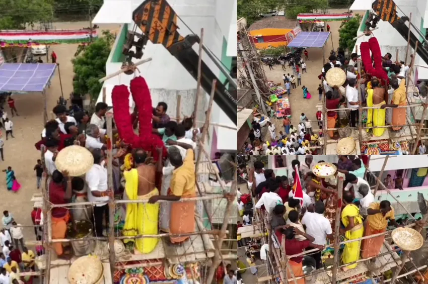  செல்வ விநாயகர் கோவிலில் களைக்கட்டிய மகா கும்பாபிஷேகம்: கிரேனில் பிரம்மாண்ட மாலை அணிவிப்பு!