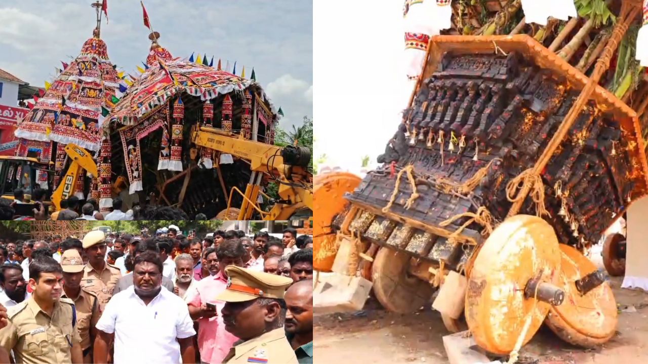 கோயில் திருவிழாவில் தேர் சாய்ந்து விபத்து- உயிர் தப்பிய பக்தர்கள்