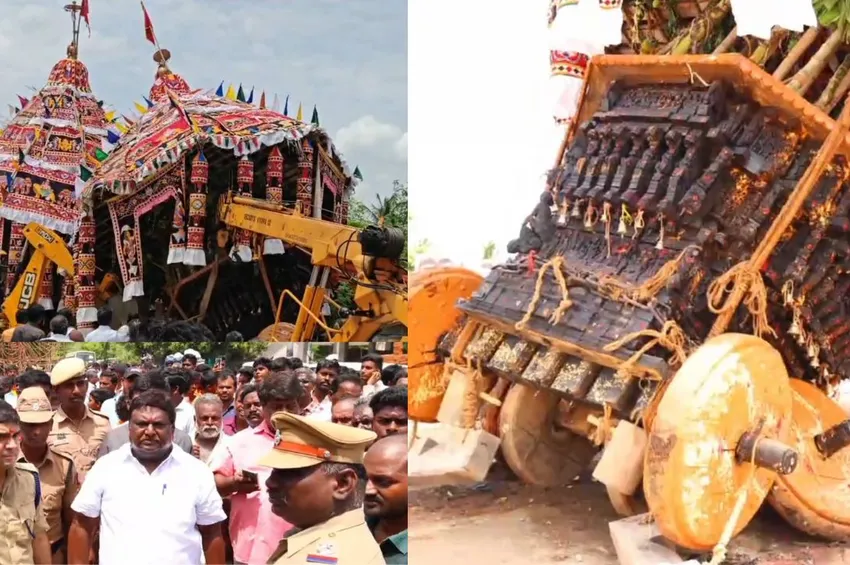 கோயில் திருவிழாவில் தேர் சாய்ந்து விபத்து- உயிர் தப்பிய பக்தர்கள்
