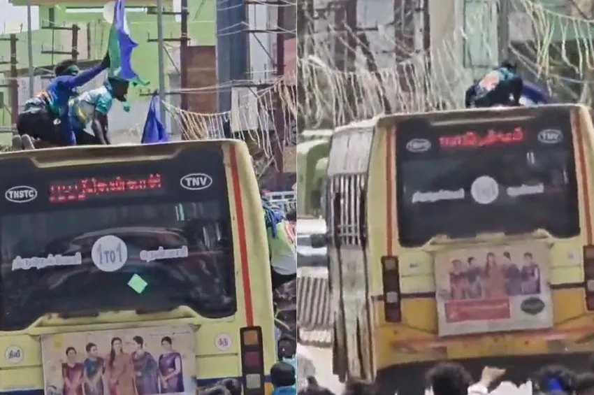 அரசு பேருந்து மீது ஏறி ஆட்டம் போட்ட இளைஞர்கள்.. கதறவிட்ட ஓட்டுநர்