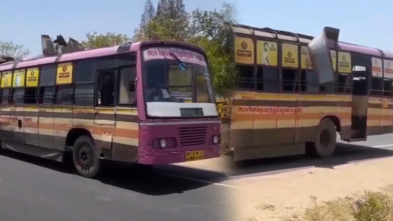  சூறைக்காற்றுக்கு பறந்த அரசு பஸ்சின் மேற்கூரை…வைரலாகும் வீடியோ