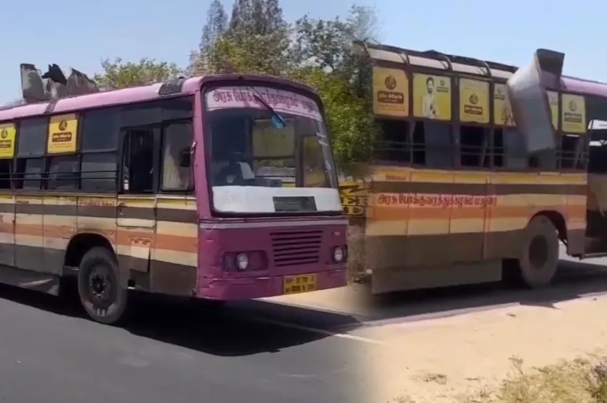 சூறைக்காற்றுக்கு பறந்த அரசு பஸ்சின் மேற்கூரை…வைரலாகும் வீடியோ