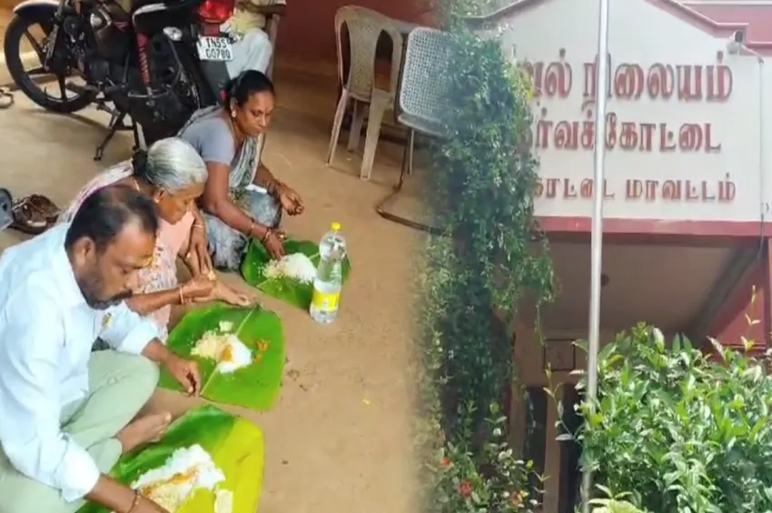  “புகாருக்கு நடவடிக்கை இல்லை” - காவல் நிலைய வாசலில் வாழை இலை போட்டு உணவு உண்டு போராட்டம்