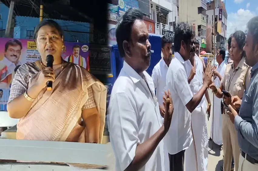 பிரேமலதா வருகை: கொடியை அகற்றிய நெடுஞ்சாலைத்துறையினர்- வாக்குவாதம் செய்த தேமுதிகவினரால் பரபரப்பு 