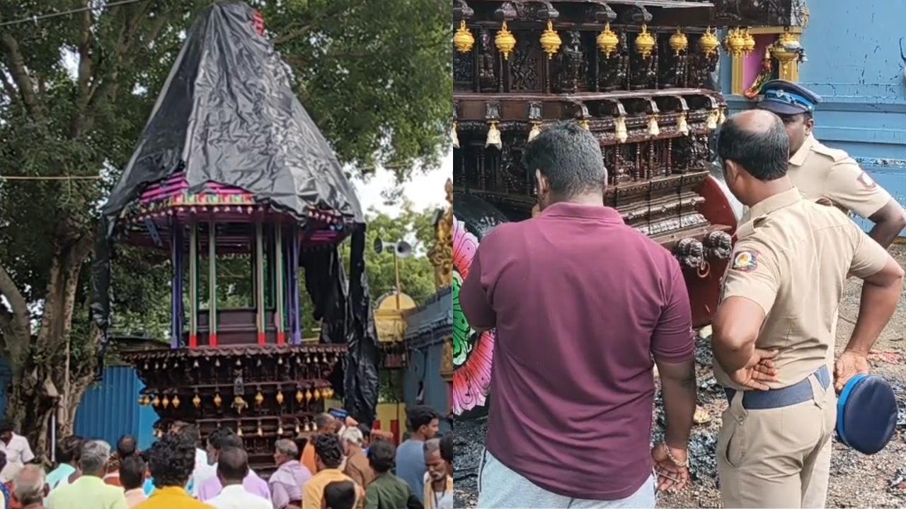 கோயில் தேருக்கு தீ வைப்பு: காஞ்சிபுரம் அருகே பதற்றம்.. போலீசார் விசாரணை!