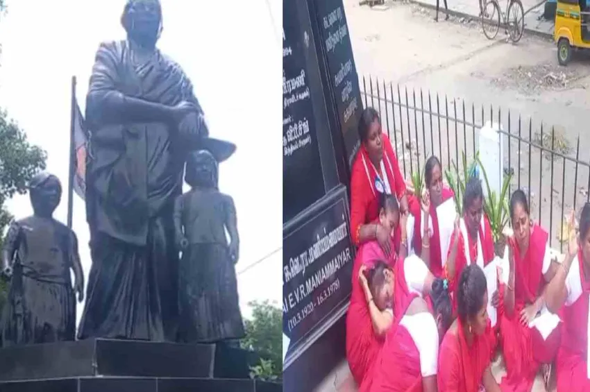ஈவெரா மணியம்மையார் சிலைக்கு மனுக்கொடுத்து தூய்மைப் பணியாளர்களின் நூதனப் போராட்டம்: சென்னை வேப்பேரியில் பரபரப்பு! 