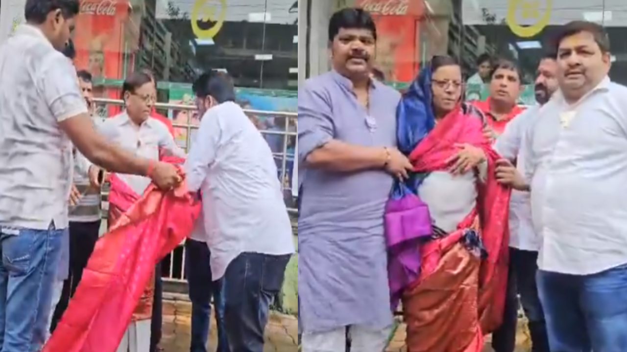  மகாராஷ்டிராவில் காங்கிரஸ் நிர்வாகிக்கு சேலை உடுத்திய பாஜகவினர்  