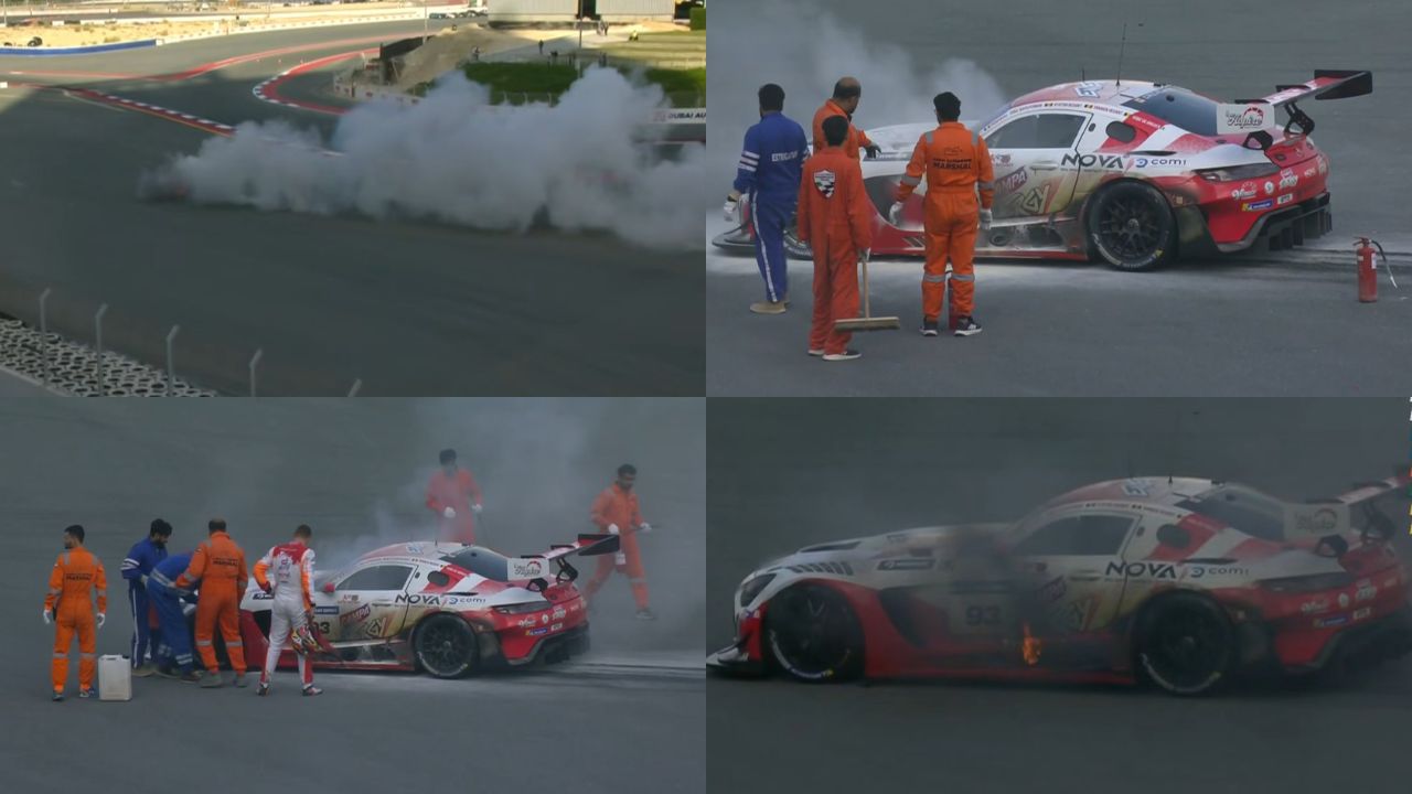 துபாய் 24 மணிநேர கார் ரேஸ்: தீப்பிடித்து எறிந்த அஜித்குமார் ரேஸிங் அணியின் கார்!