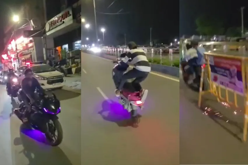 சென்னையில் மீண்டும் தலைதூக்கும் பைக் வீலிங்.. பேரிகார்டை இழுத்துச் சென்றும் அட்ராசிட்டி!